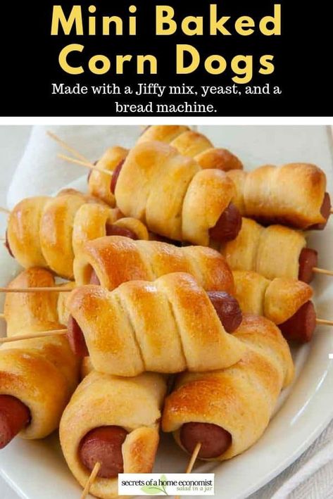 pinterest image for mini baked corn dogs made with a Jiffy mix and yeast Corn Dogs With Jiffy Cornbread, Pillsbury Cornbread, Baked Corn Dogs, Tailgate Party Food, Mix Salad, Corn Dog Muffins, Mini Corn Dogs, Corndog Recipe, Jiffy Mix