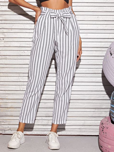 Striped Pants Women, Paper Bag Waist Pants, Striped Trousers, Western Wear Outfits, Fall Pants, Pants White, Striped Pants, White Casual, Western Wear