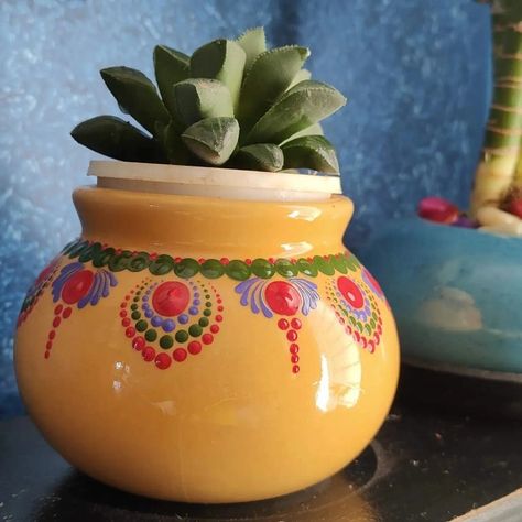 Home decor Marriage Pot Designs, Pot Painting Ideas Creative Indian, Pot Decorating Ideas Indian, Dotted Mandala, Handmade Decorative Items, Oil Pastel Drawings Easy, Pottery Projects, Whimsical Art Paintings, Diy Clouds