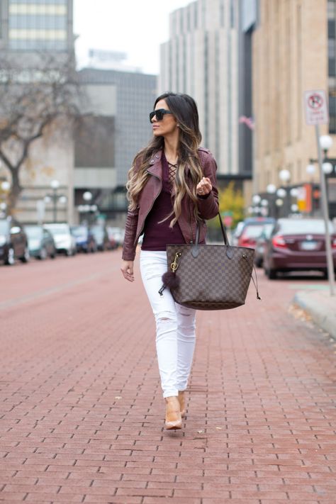 NOVEMBER 10TH, 2015 BY MARIA Laced Up - Free People Lace Up Top // Black Swan Burgundy Jacket // Topshop White Jeans // Christian Louboutin So Kate Pumps // Louis Vuitton Neverfull MM Bag // Michael Kors Faux Fur Bag Charm // Le Specs Sunglasses Damier Ebene Outfit, Neverfull Outfit, Louis Vuitton Handbags Neverfull, Louis Vuitton Outfit, Lv Neverfull, Burgundy Jacket, Gorgeous Outfits, Christian Louboutin So Kate, Handbag Outfit