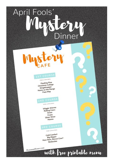 Homan at Home Mystery Dinner Menu Ideas Kids, Mystery Dinner Party Menu, Mystery Dinner Menu Ideas, Snow Dough, Free Printable Menu, Dinner Menu Ideas, Mystery Dinner Party, Hosting Ideas, Snowflake Craft