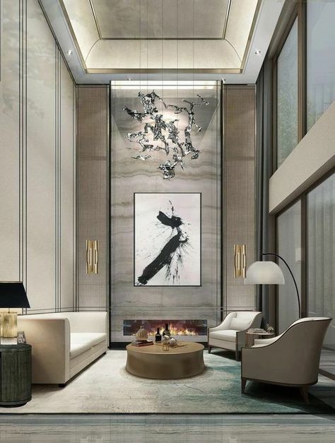 High Ceiling Living Room Decorating Ideas | Living Room Wall Decorating Ideas | Home Decor High Ceiling Living Room Modern, Double Height Living Room, High Ceiling Living Room, Abstract Wall Art Painting, Sala Grande, Double Height, Minimalist Home Interior, Lobby Design, Living Room Ceiling