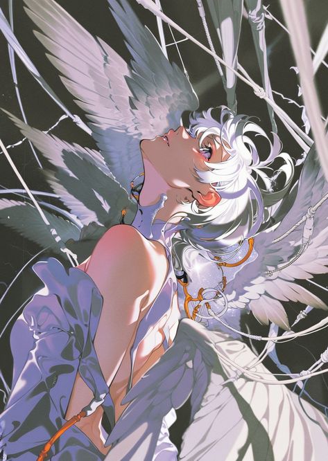 Yoneyama Mai Art, Angel Bangs, Angel White Hair, Mai Yoneyama, Wings Drawing Reference, Angel Character Art, Angelic Poses, Person With Wings, Hnk Manga Covers