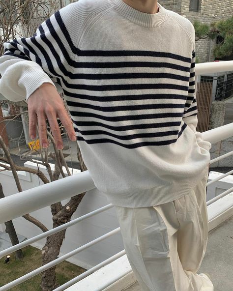 Stripped Sweater Outfits Men, Striped Sweater Outfit Men, Soft Male Outfits, Striped Sweater Outfit, Sweater Outfits Men, Knit Sweater Outfit, Raglan Sleeve Sweater, Soft Boy, Korean Casual Outfits