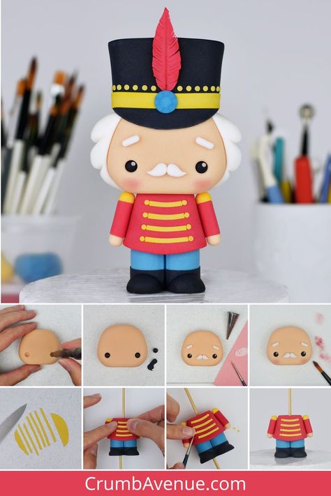 Cute Kawaii Christmas Nutcracker - step by step fondant Cake Topper Tutorial, gum paste figurine, winter, festive, noel, holidays, uniform, cake decorating, sugar art, modelling paste, sugarpaste, cute cakes for kids, fondant cakes for girls and boy, unique celebration cake ideas girl and boy, crumb avenue tutorials, grandpa, elderly man, einstein, kids crafts, cake craft, simple people figurines Celebration Cake Ideas, Fondant Christmas Cake, Cakes For Kids, Fimo Kawaii, Bolo Barbie, Nutcracker Decor, Nutcracker Christmas Decorations, Christmas Cake Designs, Diy Christmas Village