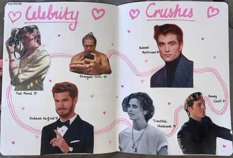 My Crushes Journal Page, Crush Scrapbook Ideas, Prom Journal Page, Celebrity Journal Ideas, Celebrity Journal Page, Celebrity Crush Scrapbook, Journal Ideas Crush, Crush Book Ideas, Crush Diary Ideas