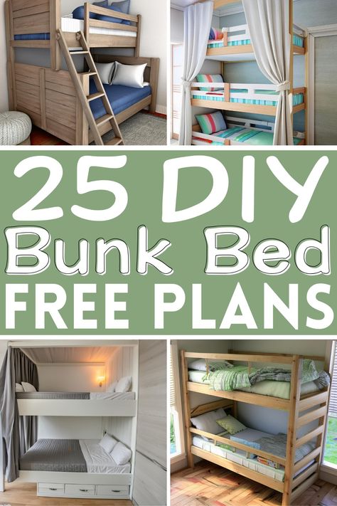 25 Free DIY Bunk Bed Plans You Can Build This Week Bunk Beds For Girls Room Diy, Diy Bunk Bed Railing, Easy Built In Bunk Beds, Diy Twin Over Full Bunk Bed Plans, Build Bunk Beds Diy, Full Size Bunk Beds Diy Built Ins, Toddler Bunk Beds Diy Small Rooms, Built In Bunk Beds Plans, Twin Bunk Bed Plans