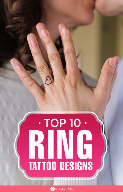 Top 10 Ring Tattoo Designs: Rings are a sign of commitment to a loved one, as well as a fashion accessory. Instead of being made only of metal, rings can now be made with ink and last you a lifetime. With the popularity of tattoos, these wedding bands can now be made a permanent sign of love. #Tattoo #Tattoos #TattooDesigns #RingTattoos Ring Tattoo Designs, Wedding Band Tattoo, Ring Tattoo, Wedding Ring Tattoo, Tattoo Wedding Rings, Finger Tattoo For Women, Single Line Tattoo, Ring Finger Tattoos, Couples Wedding Bands