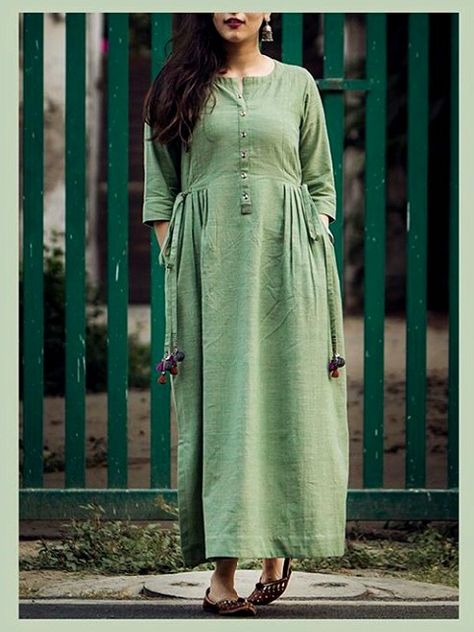 Linen-Khadi Kurti with buttons,pleats and dori-latkan detailing Kurta Plazo Set, Pleated Kurti Designs, Yellow Cotton Kurti, Pleated Kurti, Kurta Plazo, Sewing Skirts Women, Cotton Kurti For Women, Khadi Kurti, Yoke Pattern