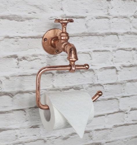 Copper Toilet Roll Holder, Toilet Holder, Industrial Bathroom Decor, Brass Toilet, Best Kitchen Design, Copper Bathroom, Brass Tap, Downstairs Toilet, Industrial Bathroom