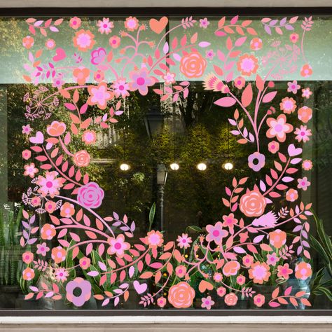 Spring Floral Border Retail Window Vinyl Enhance your store's visual appeal this spring with our vibrant retail window vinyl stickers. These eye-catching decals are designed for effortless application and removal, ensuring your display stands out. Easy-to-follow instructions are included for a quick setup. Can be trimmed to fill rectangular windows, order height that suits your window. Pink Window Display, Window Display Painting, How To Paint On Windows, Halloween Window Painting, Easy Floral Painting, Window Paintings, Window Paint, Window Mural, Window Illustration