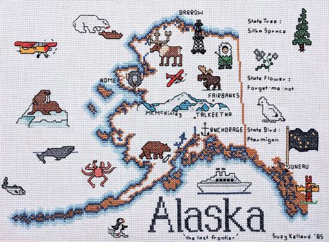 Map of Alaska Cross-Stitch Pattern Map Cross Stitch Pattern, Map Of Alaska, Cross Stitch Map, Surface Embellishment, Map Cross Stitch, Diy Map, Wedding Cross Stitch, Stitch Lines, Cross Stitch Samplers