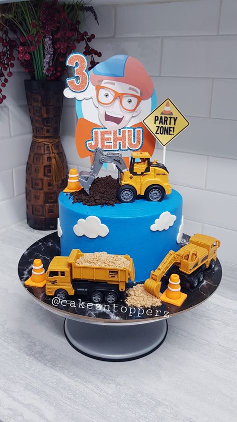 Blippi Monster Truck Cake, Blippi Excavator Birthday Cake, Escavator Cakes For Boys, Blippi Excavator Cake, Blippi Excavator Birthday Party, Blippi Cupcake Ideas, 3rd Birthday Cakes For Boys, Blippi Birthday Cake, Excavator Cake