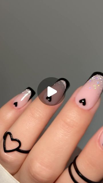 Black French Nails With Design, Black French Nails, Red And Gold Nails, Holo Nails, 2024 Nails, Ombre Nails Glitter, Top Nail, Heart Nails, Beautiful Nail Art