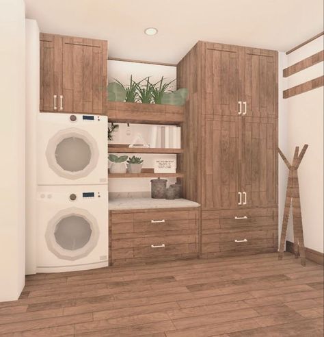 Bloxburg Small House Interior, Aesthetic Roblox Bloxburg Houses, Cute Bloxburg Decor Ideas, Bloxburg Downstairs Bathroom, Aesthetic Home Layout, Suburban Laundry Room Bloxburg, Bloxburg Home Decor, Bloxburg House Floor Plan 1 Floor, Laundry Room Design Bloxburg