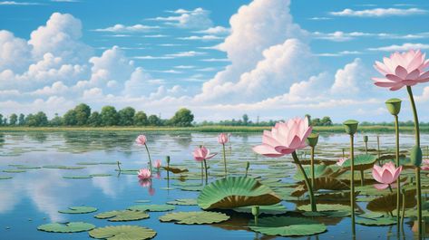 Lotus Flower Photography, Desktop Wallpaper 1920x1080, Blue Sky White Clouds, Lotus Flower Wallpaper, Painting Lotus, Aesthetic Laptop, Lotus Flower Art, Lotus Painting, Laptop Backgrounds