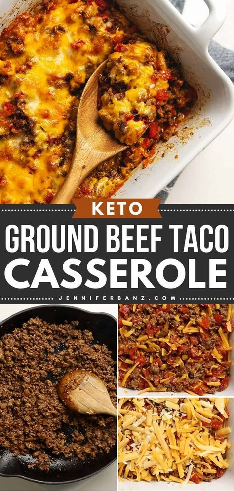 In the mood for a comfort food casserole? Here's the perfect main dish! Cheesy and delicious, this Easy Keto Ground Beef Taco Casserole Recipe is sure to be a hit. Save this dinner idea for tonight and enjoy this low-carb casserole with your favorite toppings! Keto Dinner Recipes Groundbeef, Keto Ground Beef Taco Casserole, Keto Ground Meat Recipes, Ground Beef Taco Casserole, Low Carb Ground Beef Recipes, Keto Taco Casserole, Comfort Food Casserole, Beef Taco Casserole, Keto Ground Beef Recipes