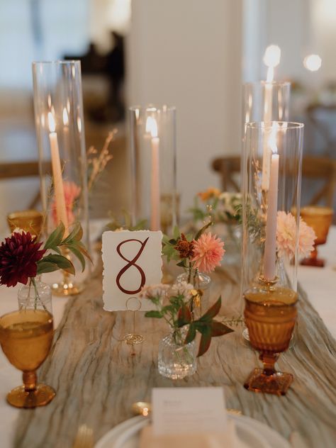 Romantic candle-lit tablescapes for a fall wedding at the Wylder Hotel Windham, with taper candles in vintage gold holders and a garden-style flower bud vase arrangements featuring local, seasonal flowers. Photo by Brian David photography. Fall Bud Vases Wedding, Fall Bud Vases, Bud Vase Arrangements, Bud Vases Wedding, Bud Vases Arrangements, Gold Utensils, Romantic Candle, Fall Wedding Tables, Romantic Candlelight