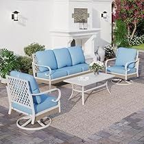 Patio Seating Sets, Metal Outdoor Furniture, Furniture Sofa Set, Patio Sofa Set, Outdoor Furniture Sofa, Outdoor Patio Furniture Sets, Wicker Decor, Wicker Patio Furniture, Blue Cushions