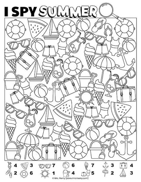 Summer I Spy Free Printable, I Spy Summer Printables For Kids Free, Summer Puzzles Free Printable, Summer Safety Activities For Kids, I Spy Printables For Kids Free, Free Coloring Pages Printables For Kids, Free Summer Activities For Kids, Free Printable Activity Sheets, Summer Coloring Sheets