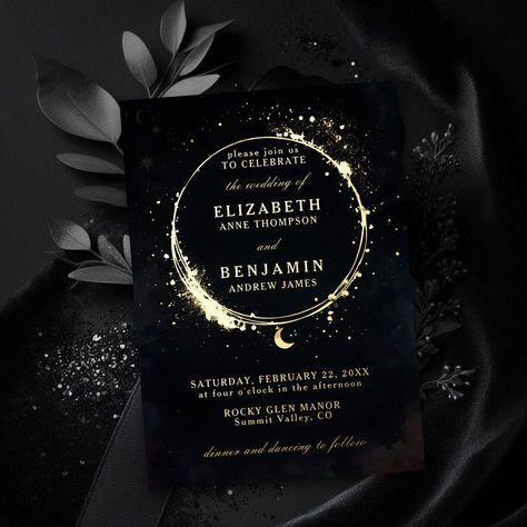 The Celestial Waters Moody Dark Wedding Invitation is a beautiful and stylish choice for couples who love the celestial theme, moon and stars theme, galaxies theme. With a deep black background sprinkled with gold accents (real foil!), it has a dreamy, starry-night look. This invitation is both elegant and modern, making it perfect for setting the tone for a memorable and magical wedding day. Black And Gold Starry Night Wedding, Dark Ethereal Wedding Theme, Celestial Save The Date, Night Time Wedding Ideas, Starry Wedding Theme, Dark Celestial Wedding, Acotar Wedding Theme, Celestial Wedding Ideas, Dark Elegant Wedding