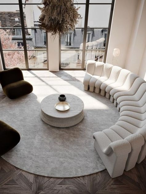 What do you think about this living room inspo? Arc Interior Design Living Rooms, Round Couch Living Room, Half Circle Couch, Round Sectional Living Room Layout, Circle Couch Round Sofa Living Rooms, Circular Interior Design, Curved Couch Living Room Layout, Round Sofa Living Room, Warm Tones Living Room