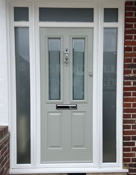 Ludlow 2 Pale Grey Front Door, Front Door Sage Green, Pale Green Front Door, Painswick Front Door, Agate Grey Front Door, Front Door Ideas Uk, Sage Front Door, Vestibule Ideas, Grey Composite Front Door