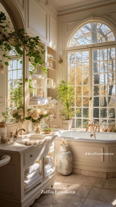 Cottage Inside Interiors, Bridgerton Bathroom Aesthetic, Old Money Bathroom Ideas, Fairytale Cottage Aesthetic Interior, English Manor Bathroom, Dreamy Bathroom Aesthetic, European Bathtub, Coquette Interior Design, Dream Washroom