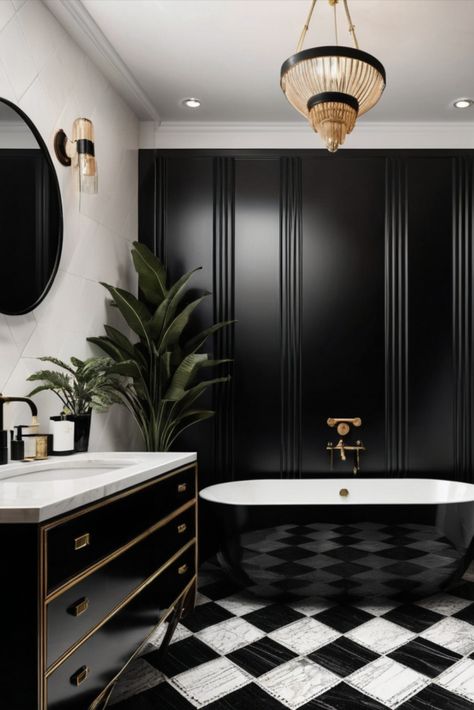 Step into the roaring twenties with this glamorous bathroom featuring ebonized wood panels and striking black geometric tiles. Vintage luxury for the modern age. #ArtDeco #VintageLuxury #GeometricTiles Modern Powder Room, Tiles Vintage, Dark Glamour, Glamorous Bathroom, Ebonized Wood, Florida Condos, Art Deco Bathroom, The Roaring Twenties, Black And White Interior