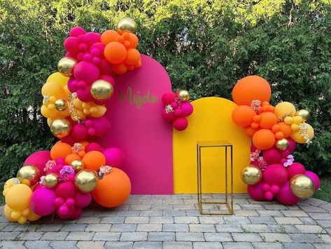 Pink And Orange Balloon Decorations, Pink And Orange Party Backdrop, Pink Orange Balloon Arch, Pink And Orange Balloon Garland, Pink Orange Yellow Balloon Garland, Hot Pink And Orange Balloons, Balloon Arch Pink Orange Yellow, Deco Orange, Birthday Party Decorations For Adults