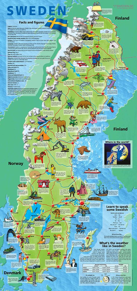 This informative and generously illustrated folder describes everyday life in Sweden for schoolchildren between eight and ten. The folder will give you facts about population, geography and climate, and a map of Sweden. You can also follow Sanna, age 9 ½, from breakfast to bedtime, a perfectly normal day of her Map Of Sweden, Facts About Sweden, Folder For School, Sweden Map, Learn Swedish, Swedish Traditions, Sweden Travel, Scandinavia Travel, Nordland