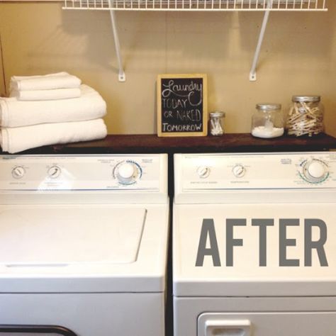 I want a shelf like this over my washer and dryer. To keep stuff from falling behind them. Washer And Dryer Shelf, Dryer Shelf, Simple Laundry, Laundry Room Update, Laundry Room Storage Shelves, Laundry Shelves, Kitchen Simple, Small Laundry Room Organization, Room Storage Diy