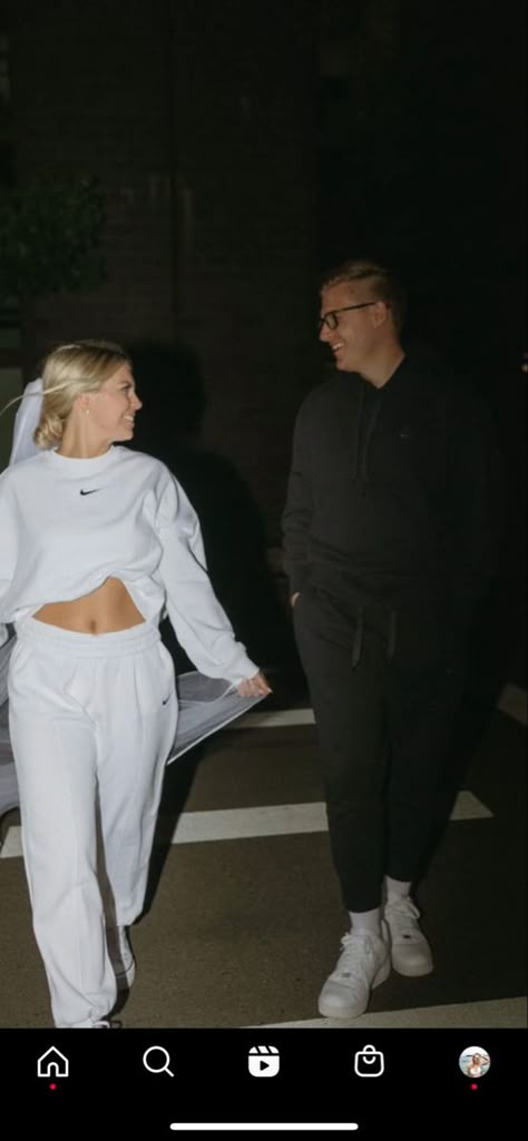 Bride And Groom Nike Sweats, Sweatsuit Wedding Exit, Wedding After Party Outfit Sweats, Wedding Exit Outfit Ideas, Bride Reception Outfit With Sneakers, After Wedding Outfit The Bride Casual, Comfy Reception Outfit Bride, Bridal Sweatsuits, Bride Sweat Suit