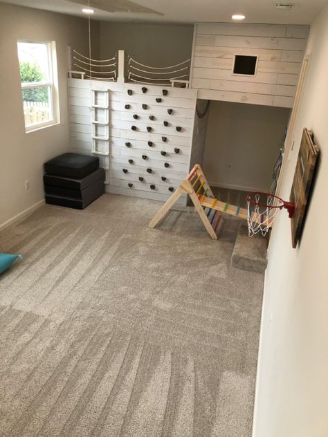 Grey, white, climbing wall with shiplap, hideout, loft, reading book Loft Fort Ideas, Tiny Home Playroom, Playroom Ideas Climbing Wall, Playroom Fort Loft, Loft Bed Playroom, Barndominium Playroom, Indoor Play Loft, Playroom Fort Ideas, Playroom With Rock Wall