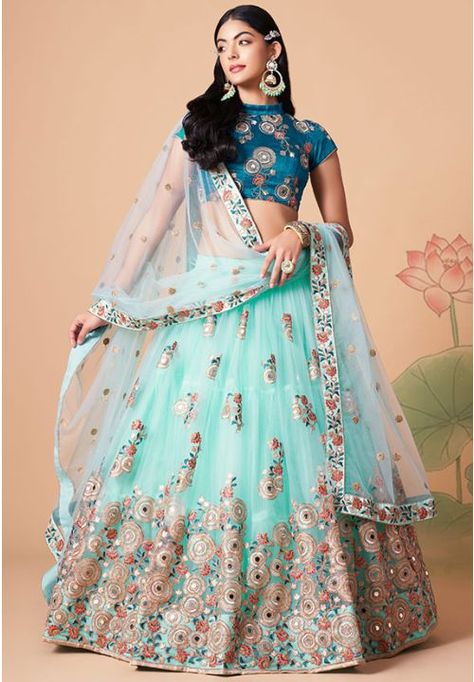 Aqua Blue Embroidered Net Lehenga Choli Lehenga Light Blue, Sangeet Bridal Lehenga, Blue Anarkali Dress, Sky Blue Lehenga, New Lehenga Choli, New Lehenga, Lehenga Choli Designs, Mirror Work Lehenga, Bridesmaid Lehenga