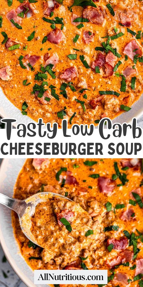 Enjoy a bowl of hearty Low Carb Cheeseburger Soup, perfect for your keto diet! This is one of the best high protein dinners for a satisfying and healthy soup recipe that's low in carbs and full of flavor. It's the comfort food you need and one of the easy recipes you can make whenever just in one pan. Soup Protein Low Carb, Hamburger Soup Keto Low Carb, Gluten Free Low Carb Soup, High Protein Low Carb Bariatric Meals, Diabetics Friendly Recipes, Get Better Soup Recipes, Best Keto Soup Recipes, High Protein Meals For Diabetics, High Protien Dinner Recipes