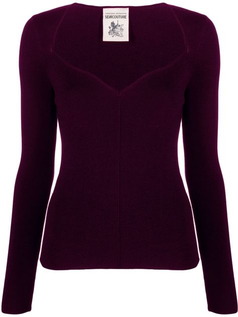 dark purple virgin wool knitted construction sweetheart neck long sleeves straight hem Plum Purple Outfit, Dark Purple Clothes, Wine Colored Clothes, Fall Bags, Wool Top, Feminine Top, Purple Outfits, Knitted Tops, Purple Sweater