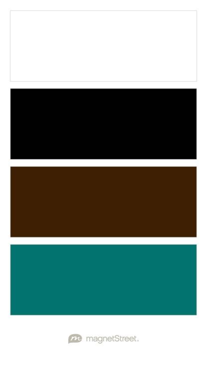 White, Black, Custom Brown, and Custom Teal Wedding Color Palette - custom color palette created at MagnetStreet.com Teal Black Color Palette, School Counselor Office Decor, Teal Wedding Colors, Calendar Magnets, Custom Refrigerator, Teal Color Palette, Counselors Office Decor, Black Color Palette, Brown Teal