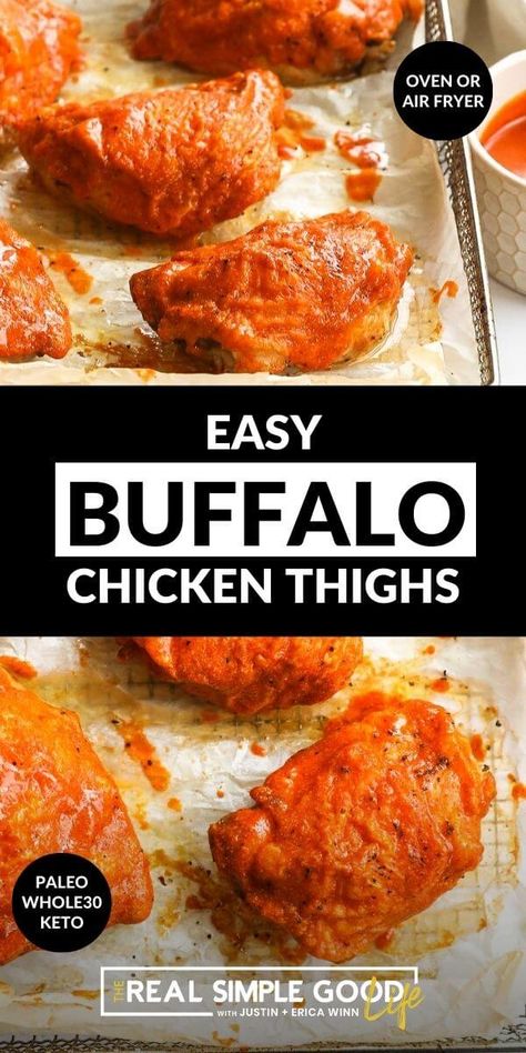 Buffalo Chicken Thighs Boneless, Buffalo Chicken Thighs, Chicken Thigh Recipes Oven, Easy Buffalo Chicken, Crispy Chicken Thighs, Delicious Chicken Dinners, Homemade Buffalo Sauce, Roasted Chicken Thighs, Drumstick Recipes