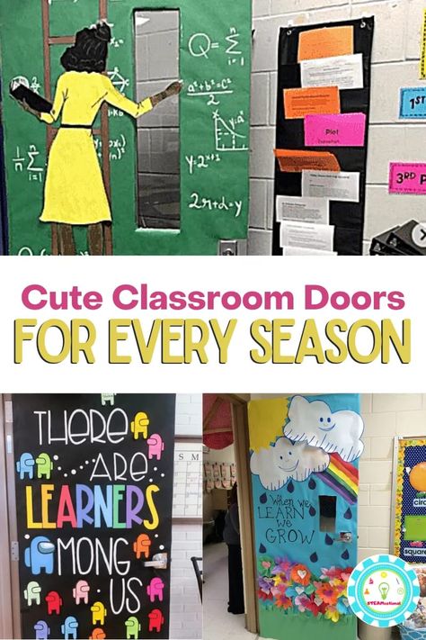 These classroom door ideas are tons of fun! So many classroom door themes for every season, holiday, and month! Year Round Door Decorations Classroom, Seasonal Door Decor, Classroom Door Vinyl Ideas, April Teacher Door Ideas, Teacher Appreciation Doors Ideas, 4th Grade Classroom Door Ideas, Reading Door Decorating Ideas, Classroom Holiday Decorations, Seasonal Classroom Decorations