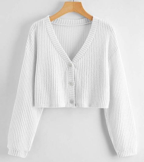 Waffle Cardigan, Drop Shoulder Top, Front Crop Top, Top Shein, Korean Girl Fashion, Simple Trendy Outfits, Girls Fashion Clothes, Cropped Cardigan, Cardigan Tops