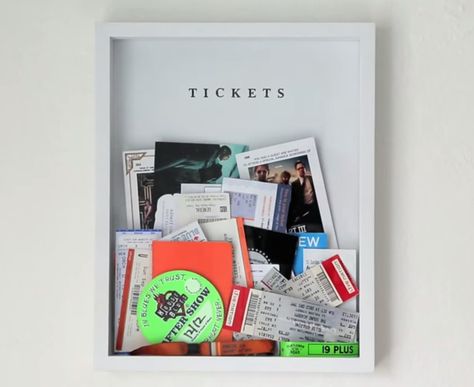 DIY Ticket Box - an easy way to store and display tickets or other memories! Ticket Shadow Box, Ticket Display, Do It Yourself Decoration, Nyc Rooms, The Sorry Girls, Dorm Sweet Dorm, Diy Cans, Make A Video, Diy Box