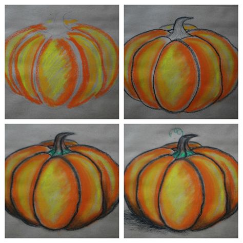 Chalk Pumpkin Art, Drawing Pumpkins, Pumpkins Art, Pastel Pumpkins, Chalk Pastel Art, Pumpkin Drawing, Pumpkin Pictures, Form Drawing, Fall Art Projects