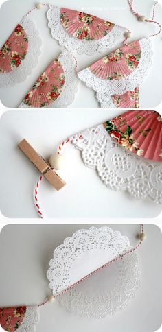 Shabby Banner Made With Cupcake Liners, Paper Doilies, Beads, & Twine Ideas For Party Decorations, Doily Flowers, Paper Doily Crafts, Hantverk Diy, Doilies Crafts, Deco Champetre, Flowers Paper, Paper Doilies, Banners Buntings