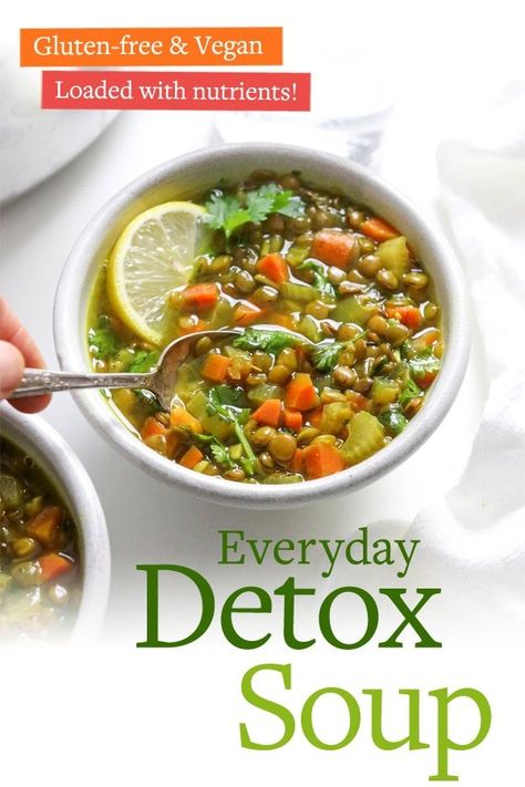 This Detox Soup recipe is made with anti-inflammatory ingredients, like ginger & turmeric, which may help boost digestion and reduce bloating. It's so comforting, I want to eat it almost every day! #dairyfree #vegan #plantbased Iron Soup Recipes, Alkaline Soup Recipes, Detoxing Recipes, Detox Soup Recipes, Red Lentil Soup Recipe, Soup Cleanse, Vegan Detox, Reflux Diet, Detox Salad