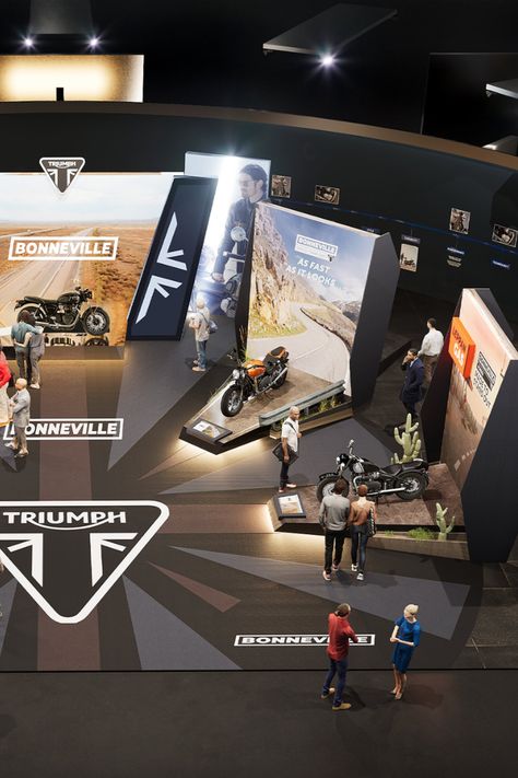 Custom exhibition stand for Triumph Motorcycles, featuring a series of themed motorbike displays. Modern Exhibition Booth Design, Motorcycle Display, Exhibit Design Inspiration, Car Exhibition, Restaurant Exterior Design, Restaurant Exterior, Exhibition Stall Design, Interactive Exhibition, Event Booth