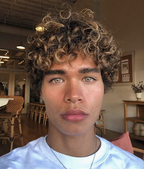 Blonde Highlights Curly Hair, Balyage Hair, Male Haircuts Curly, Men Blonde Hair, Blonde Dye, Surfer Hair, Dyed Curly Hair, Men Haircut Curly Hair, Highlights Curly Hair