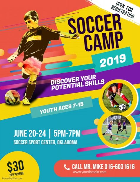 Soccer Camp Flyer Template Camp Flyer, Sports Academy, Soccer Camp, Futsal Football, Football Camp, Flyer Design Layout, Soccer Logo, Flyer Ideas, Promotional Flyers