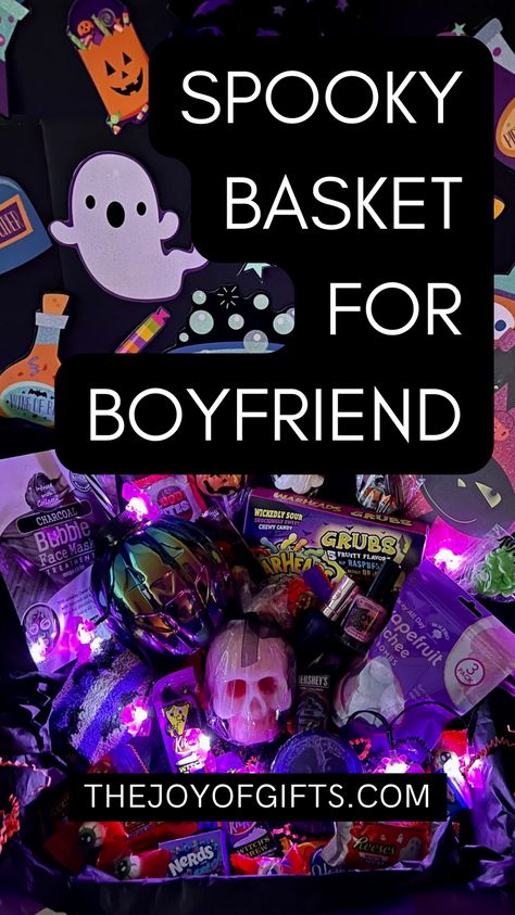 Spooky & festive treats for your Halloween party! #halloween #boobasket Purple Halloween Gift Baskets, Boo Basket For Him, Halloween Gift Baskets For Boyfriend, Spooky Basket Ideas For Boyfriend, Spooky Basket For Him, Diy Halloween Basket, Spooky Basket For Men, Boo Basket Ideas For Boyfriend, Spooky Basket Ideas