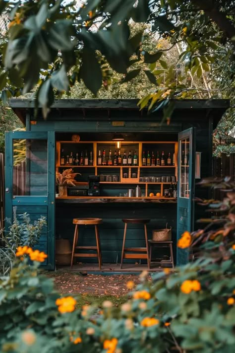 Discover unique small shed bar ideas to transform your backyard into a cozy and charming retreat perfect for relaxing evenings with friends. Cool Outdoor Bar Ideas, Outside Patio Bar Ideas, Tiny Pub Ideas, Small Bars Ideas, Backyard Coffee Shop Ideas, Bar Garden Ideas, Garage Bar Decor, Outdoor Coffee Bar Ideas, Outside Cafe Ideas